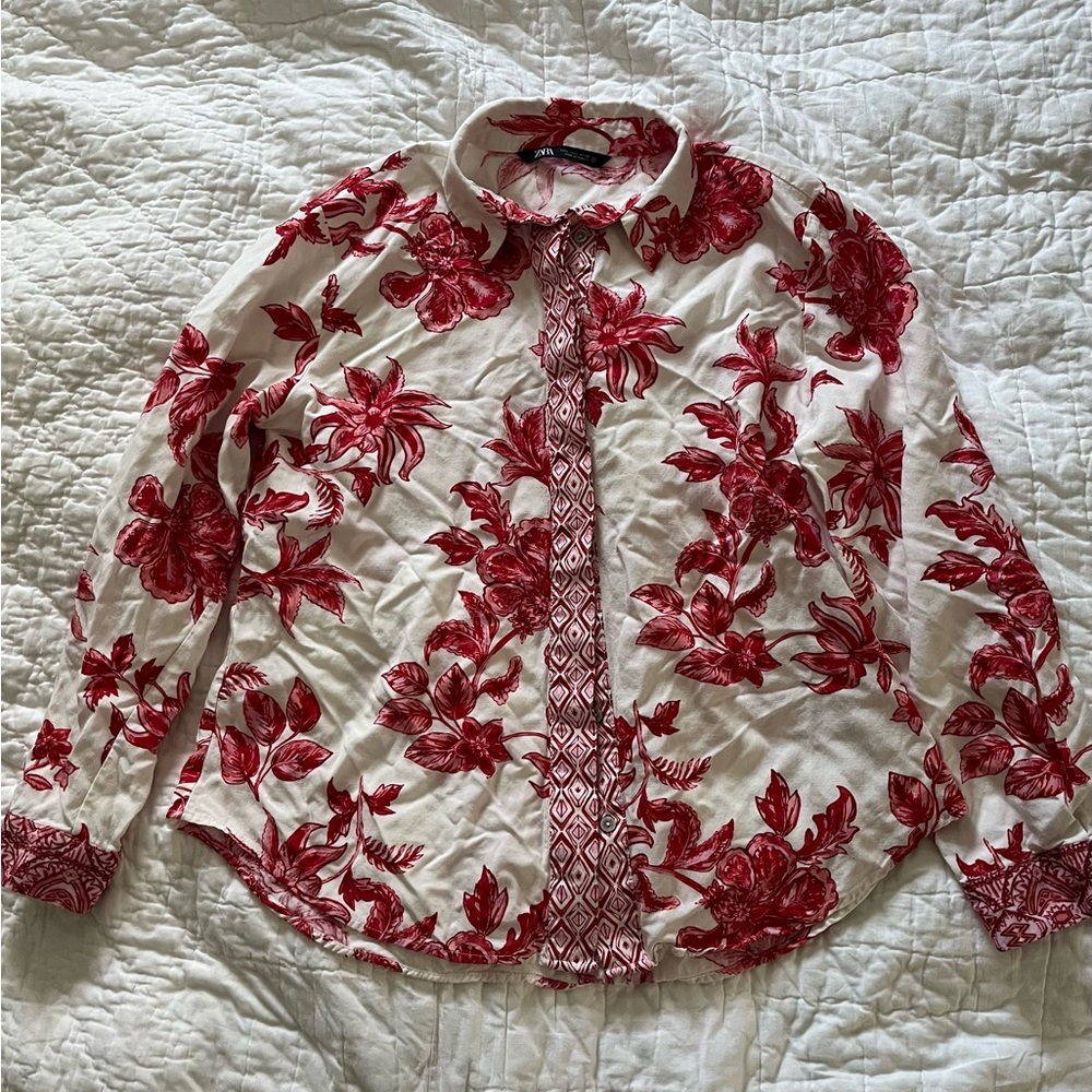 Red Floral Button-Up Shirt